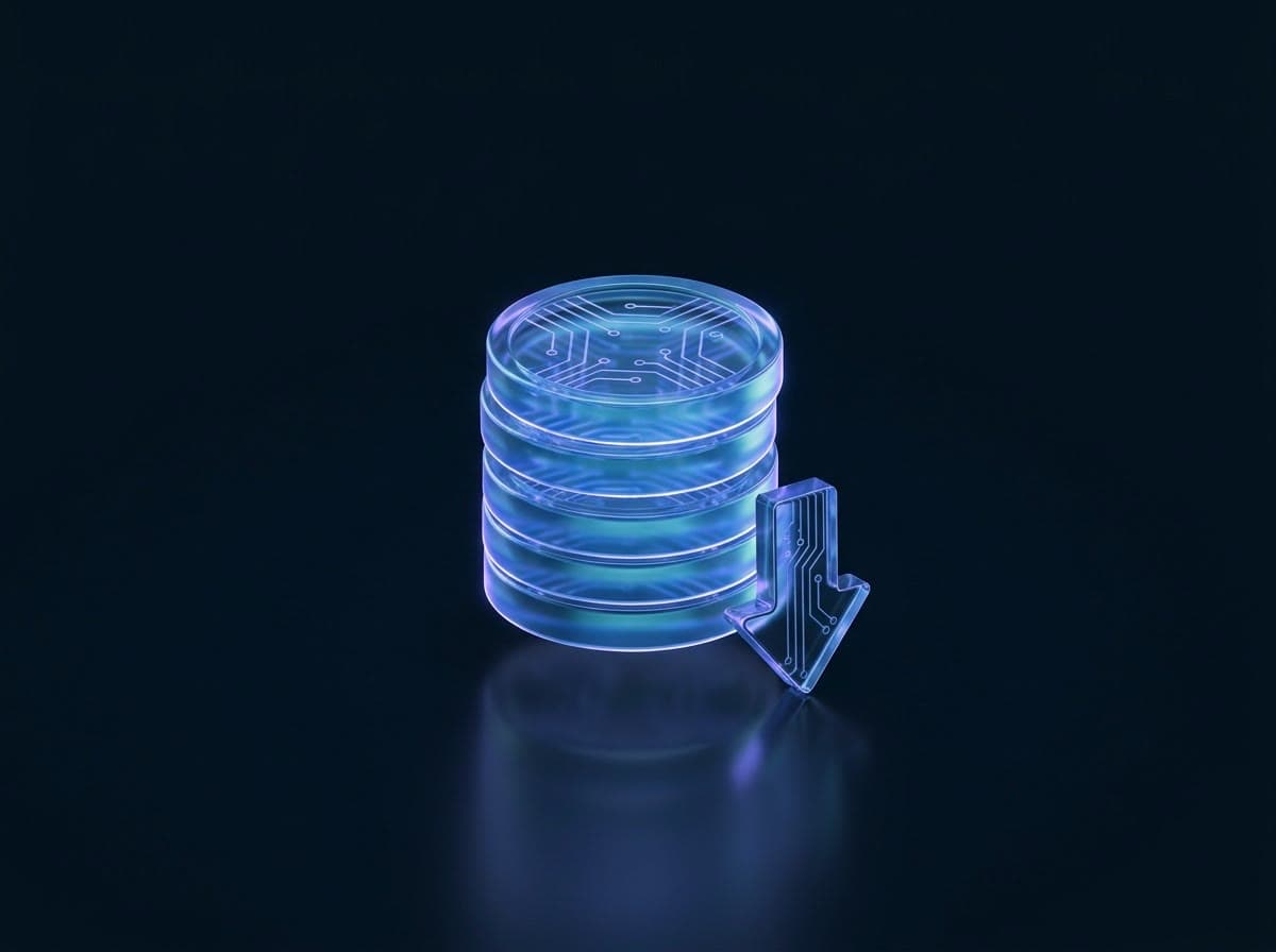A stack of glowing indigo glass coins beside a downward arrow