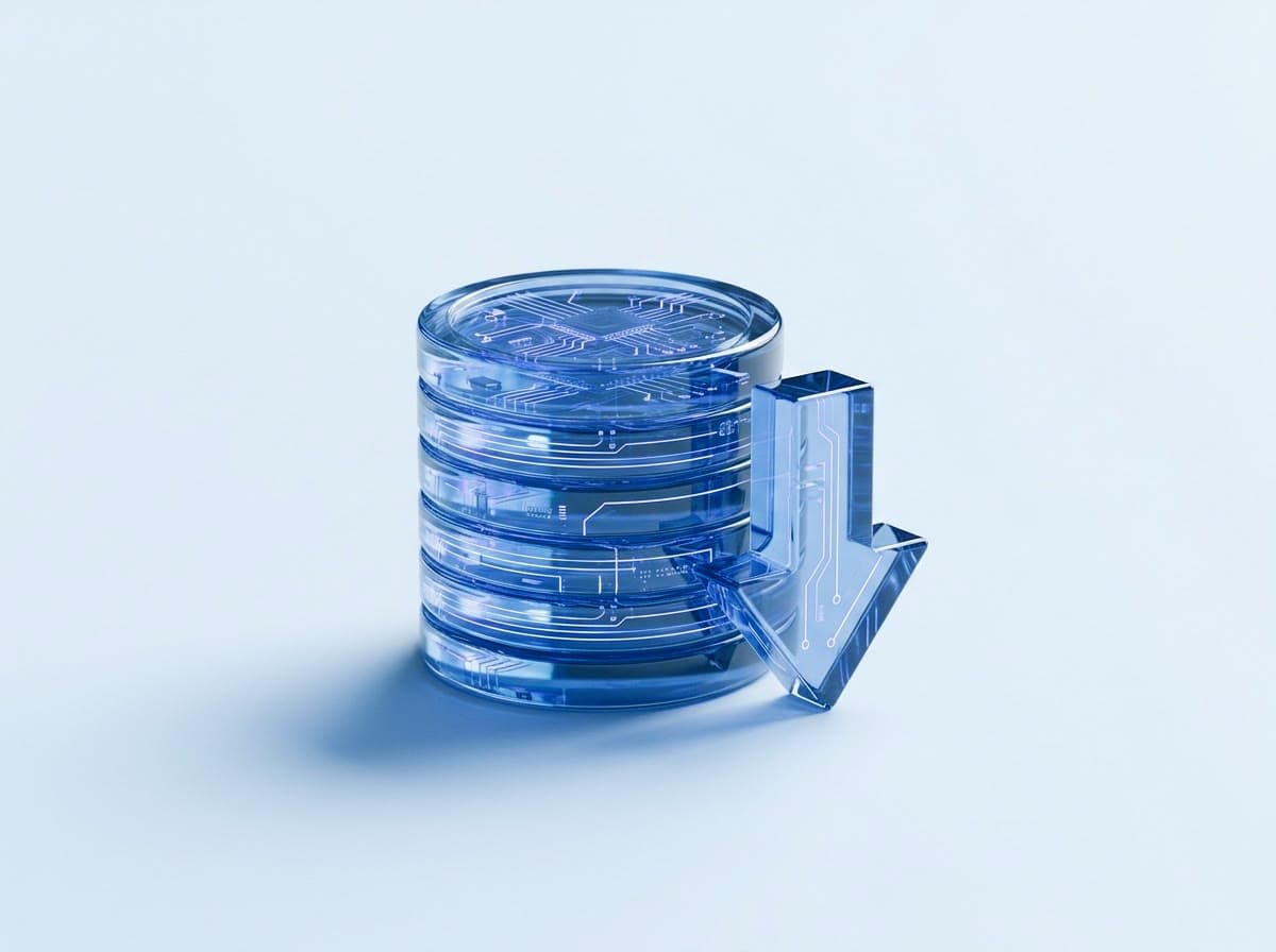 A stack of glowing indigo glass coins beside a downward arrow