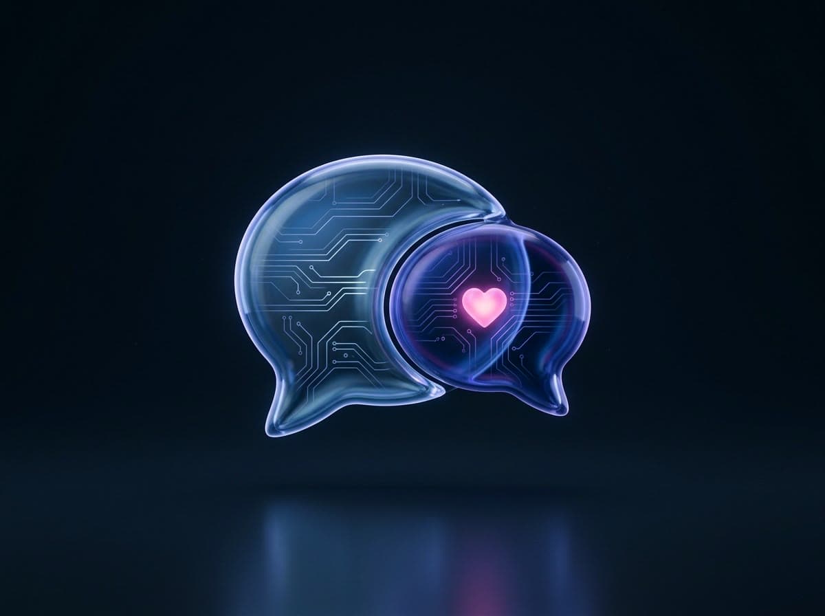 Two glowing indigo glass speech bubbles, a small heart inside one