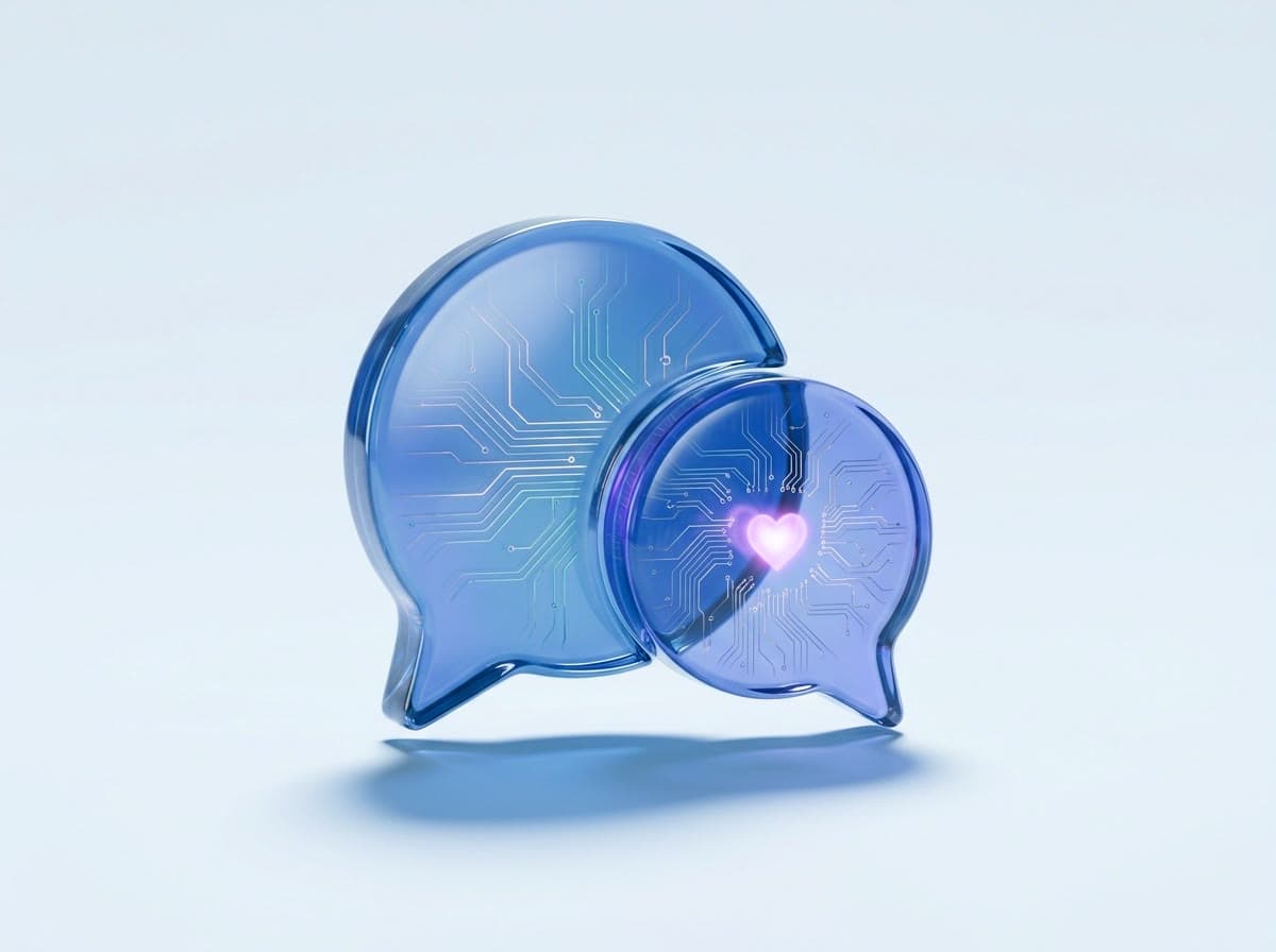 Two glowing indigo glass speech bubbles, a small heart inside one