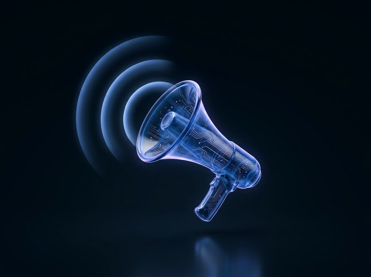 A glowing indigo glass megaphone sending out arcs of light