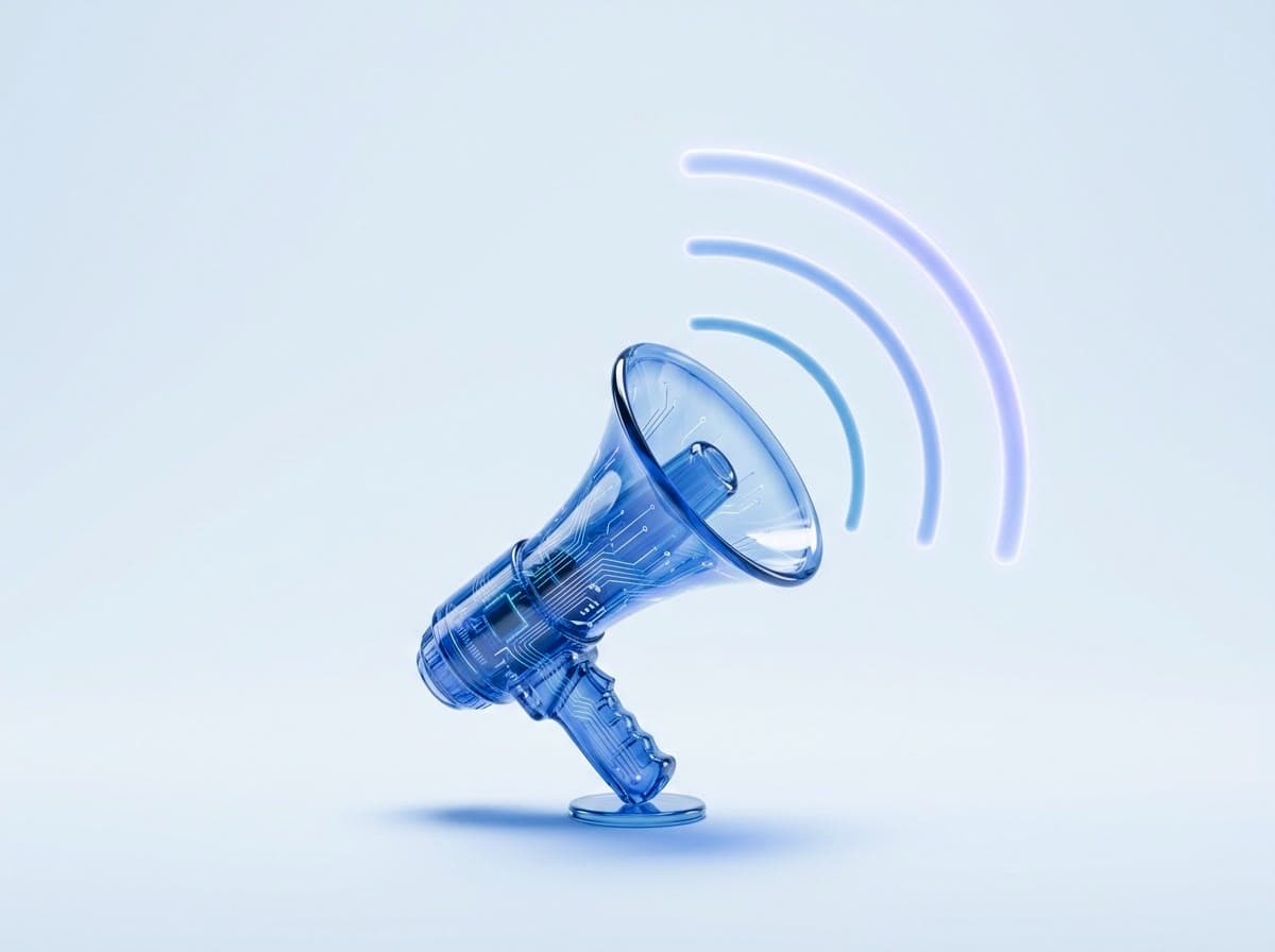 A glowing indigo glass megaphone sending out arcs of light