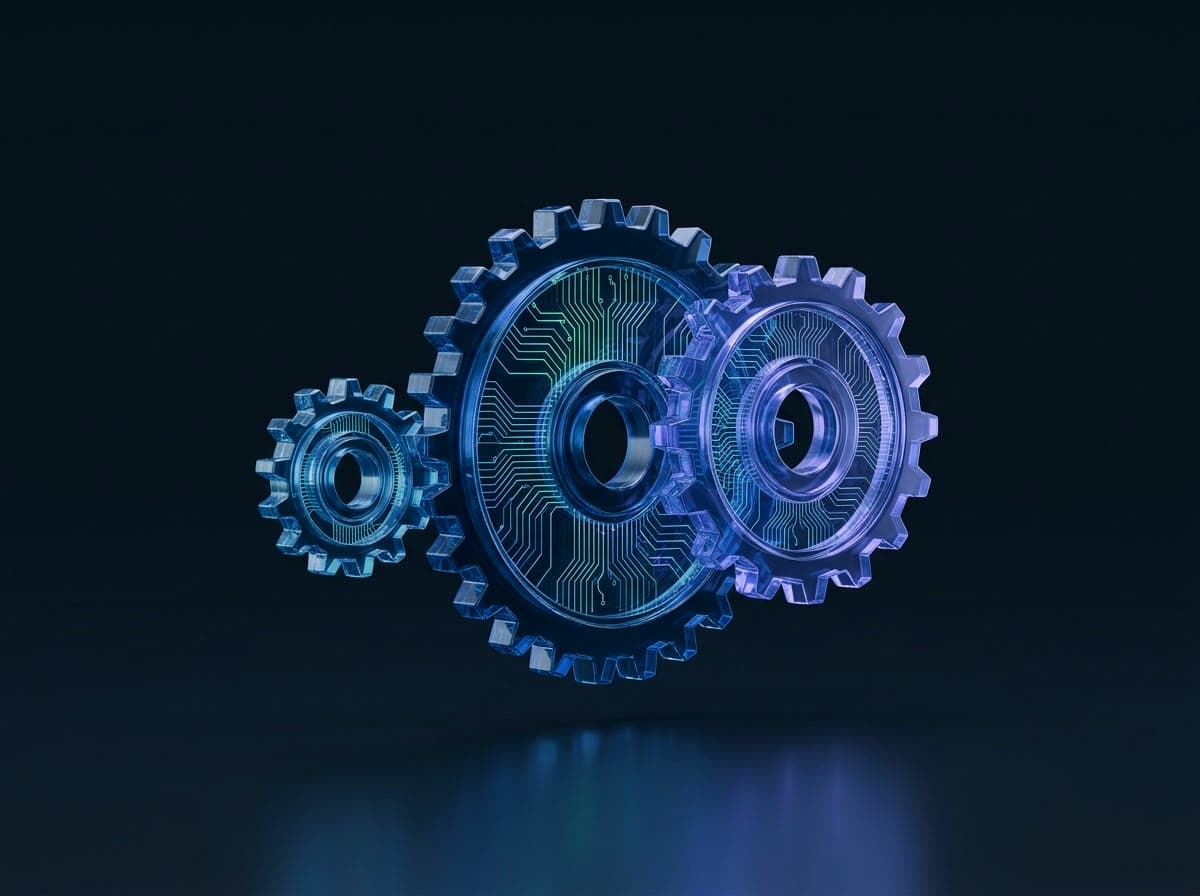 Three interlocking glowing indigo glass gears
