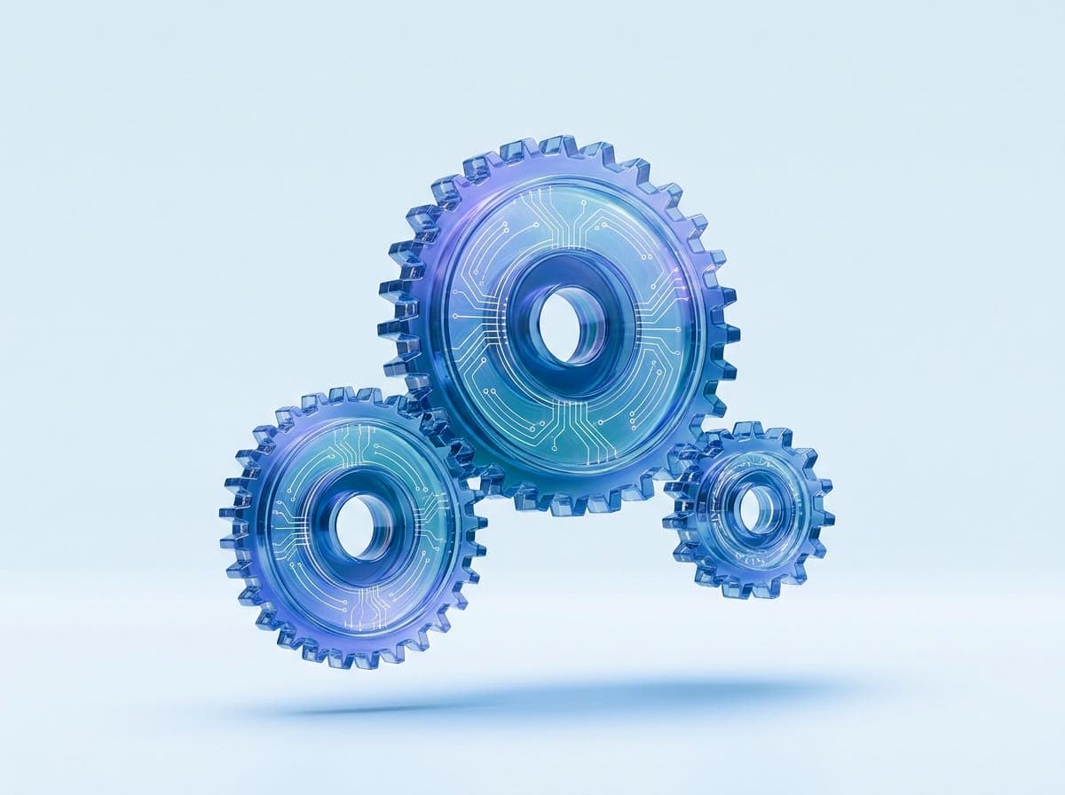 Three interlocking glowing indigo glass gears