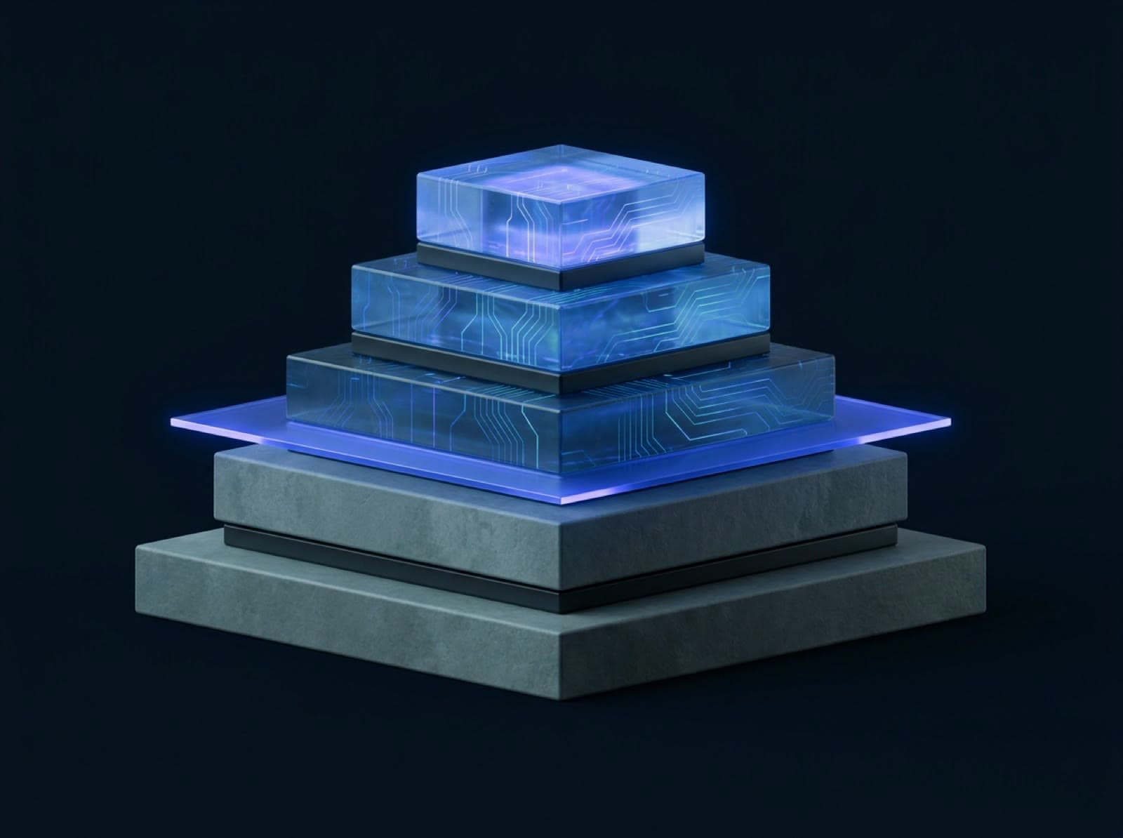 A five-tier pyramid: two dull stone tiers below, three glowing indigo glass tiers above, a plane of violet light between them