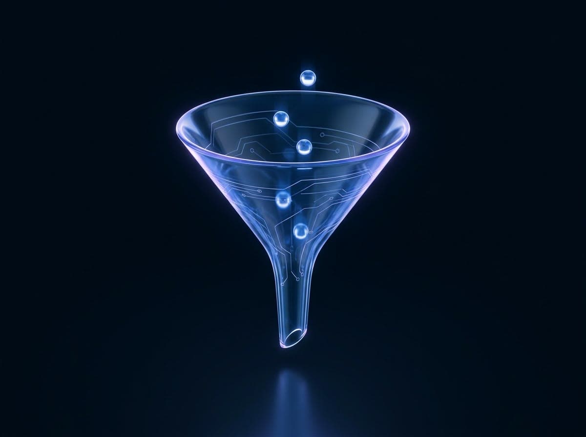 A glowing indigo glass funnel with spheres dropping through it