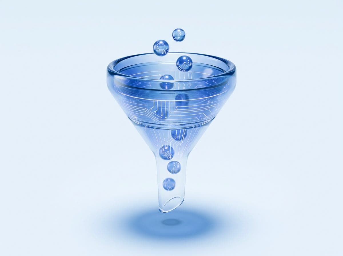 A glowing indigo glass funnel with spheres dropping through it